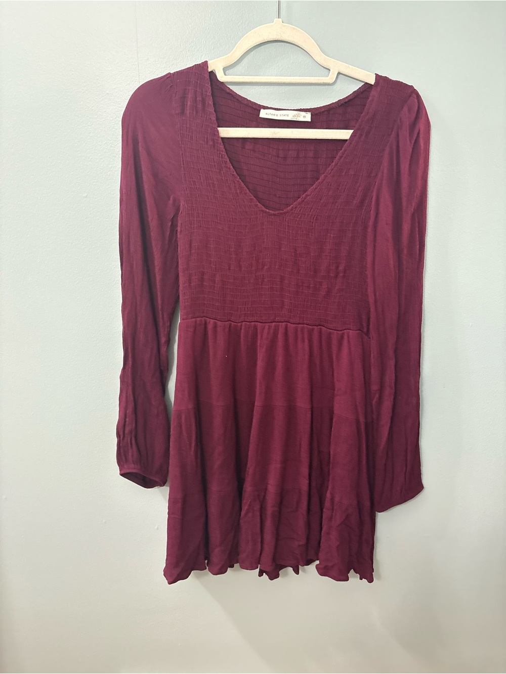 Altar'd State Long Sleeve V-Neck Dress in Burgundy